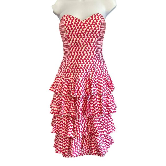 1980 Vintage AJ Bari Pink White Geometric Ruffle Tiered Knee Length Dress Size 4 - Picture 1 of 5